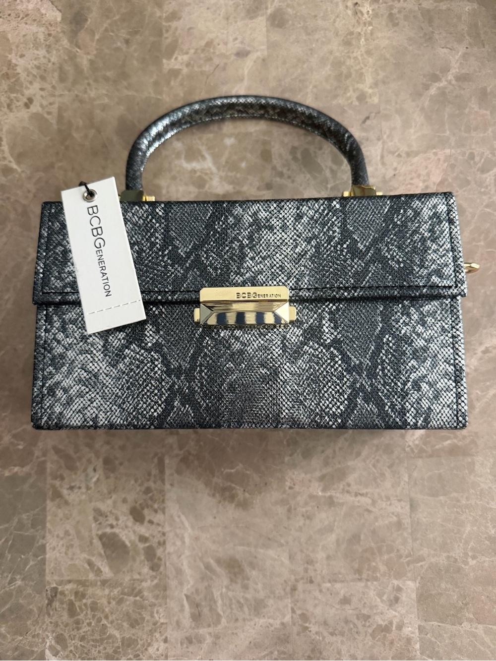 BCBGeneration Black Snake-Print Top-Handle Box Crossbody with Gold Hardware - Picture 2 of 4